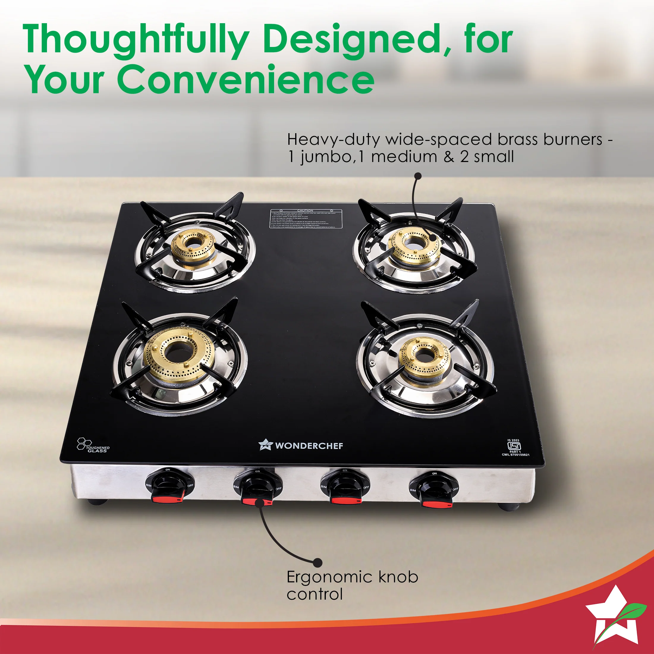 Regal 4 Brass Burner Gas Stove, LPG Gas Stove for Kitchen, ISI Toughened Glass Surface, SS Frame, Spill-proof Design, Ergonomic Knobs, 2-Yr Warranty - Image 6