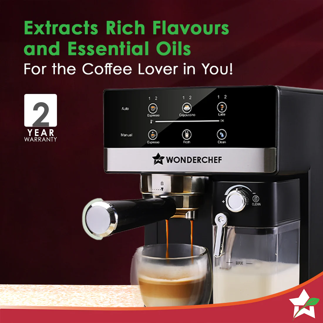 Regalia Automatic Coffee Maker, 20-bar with Auto-Frother, Make Espressos, Cappuccinos & Lattes at Home, With Milk Container & Steamer, Metal Porta Filter, Auto-clean, 2-Yr Warranty - Image 3
