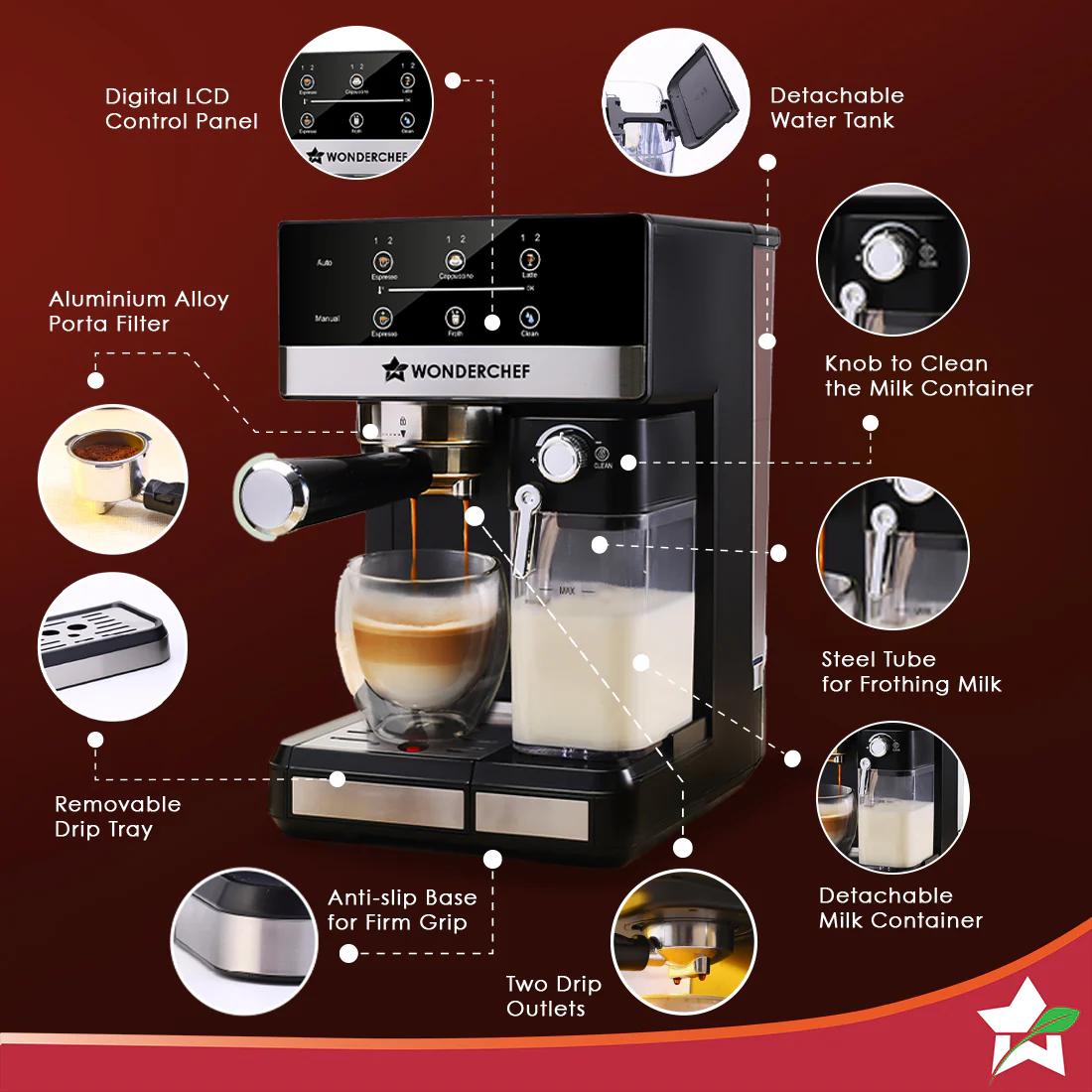 Regalia Automatic Coffee Maker, 20-bar with Auto-Frother, Make Espressos, Cappuccinos & Lattes at Home, With Milk Container & Steamer, Metal Porta Filter, Auto-clean, 2-Yr Warranty - Image 4