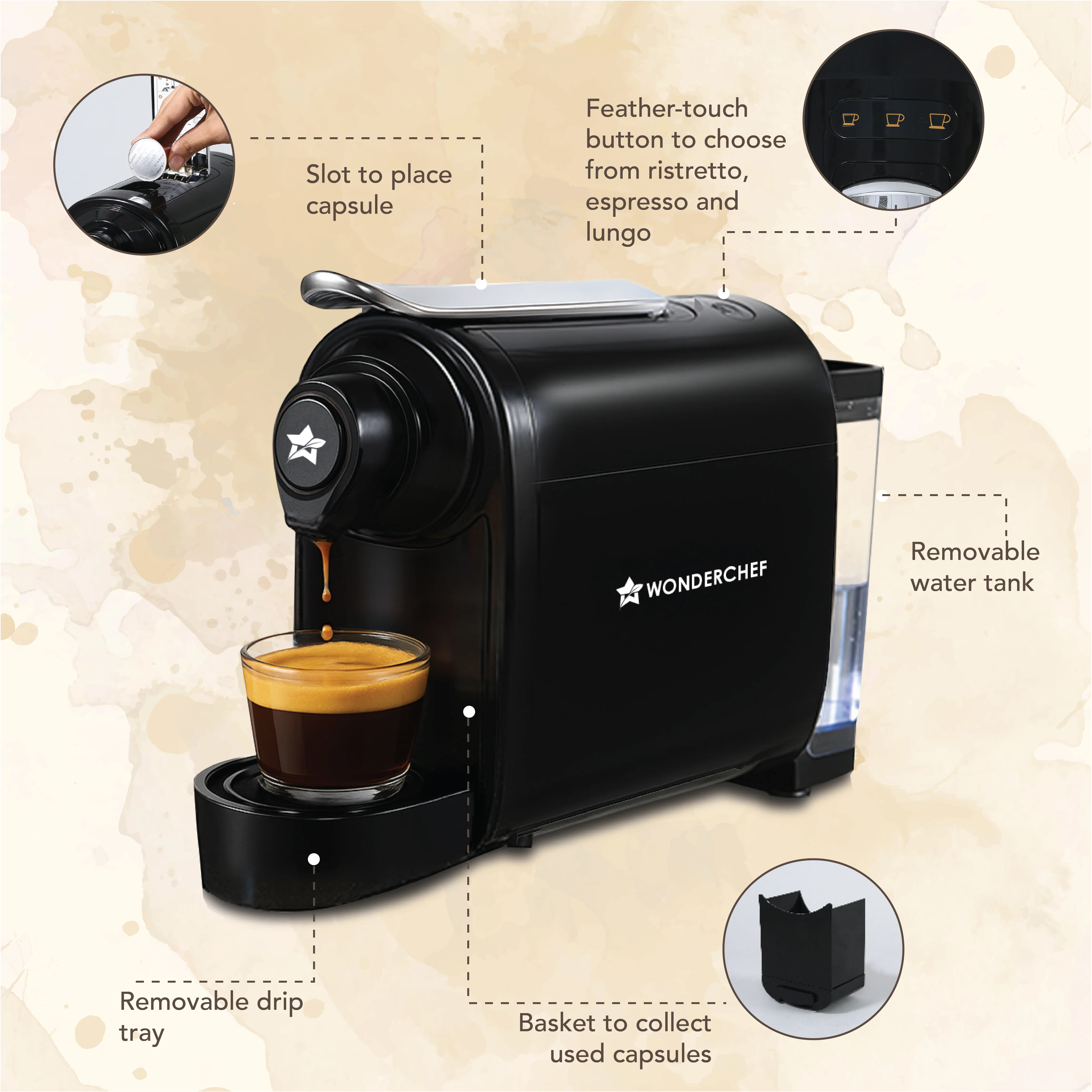 Regalia Capsule Coffee Machine with Frother | Perfect Coffee Base | Compatible with Starbucks and Coffeeza Capsules | 3 Coffee Shot options - Ristretto, Espresso, Lungo | Patented Capsule Ejection System | 1400W | 2 Year Warranty - Image 4
