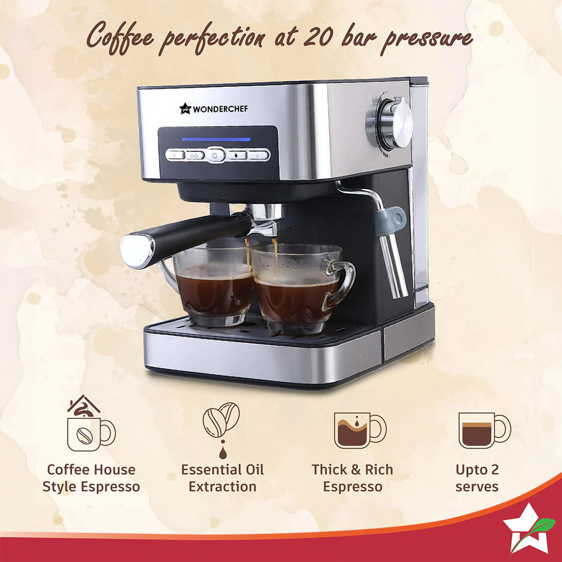 Wonderchef Renewed Regalia Espresso Coffee Maker 15 Bar | Ideal for Espresso, Cappuccino, Latte, Macchiato or Ristretto at Home | Steamer Spout for Cappuccino & Latte | Works with Coffee Powder | Steel - Image 3