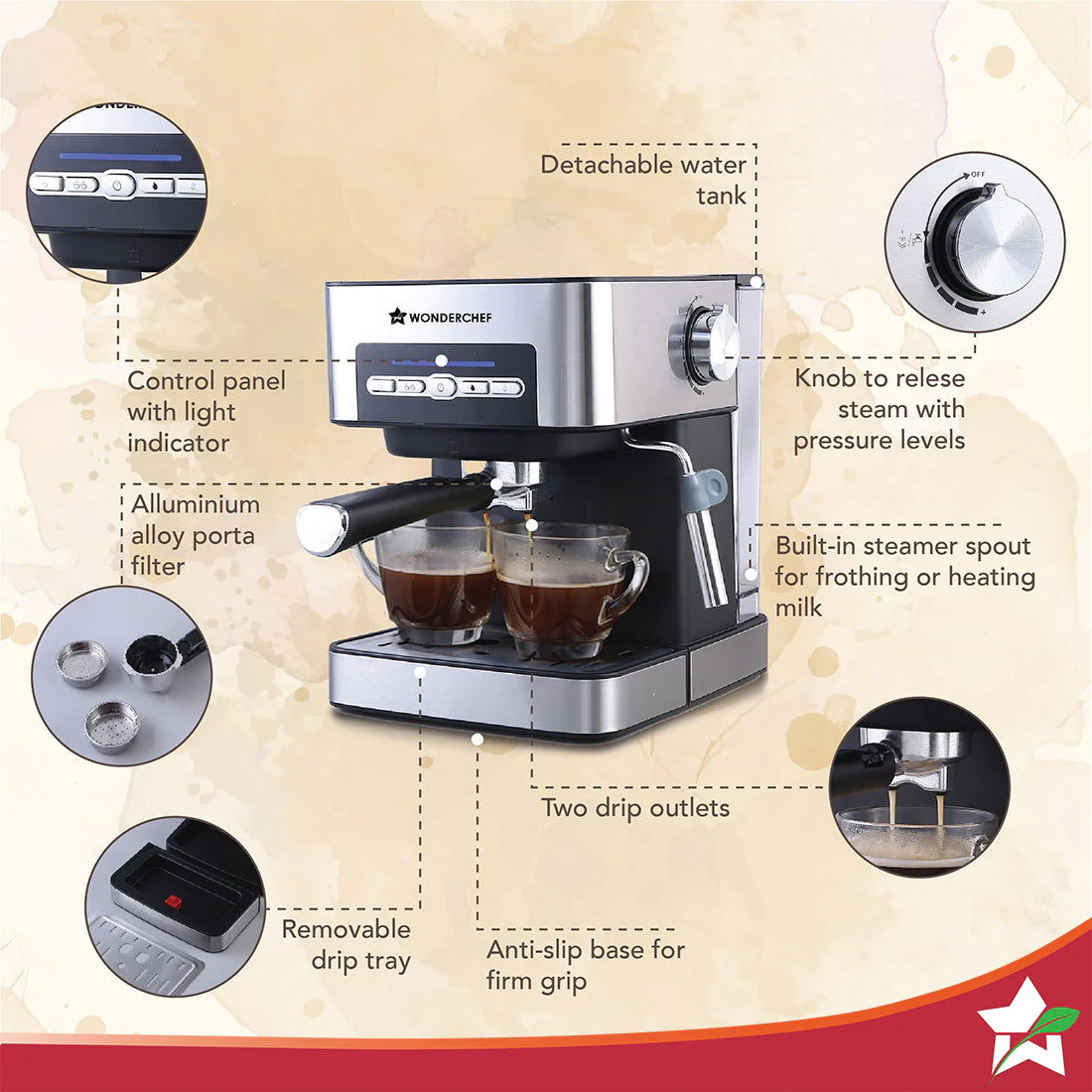 Wonderchef Renewed Regalia Espresso Coffee Maker 15 Bar | Ideal for Espresso, Cappuccino, Latte, Macchiato or Ristretto at Home | Steamer Spout for Cappuccino & Latte | Works with Coffee Powder | Steel - Image 4