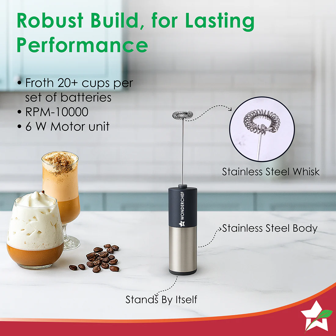 Wonderchef Regalia Milk Frother | Rich and Creamy Froth in Seconds | Stainless Steel Body & Whisk | AA Battery Operated | Blend Lassi, Cold Coffee, Gym Shakes, Whipped Cream | Easy to Clean | Black - Image 8