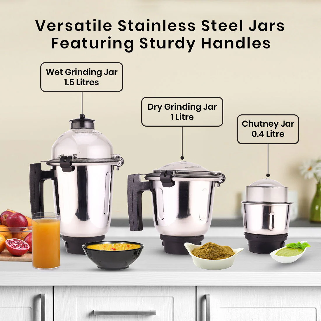 Regalia Mixer Grinder 750W, 230V~50Hz, 3 Stainless Steel Jars, Black, 5 Years Warranty - Image 2