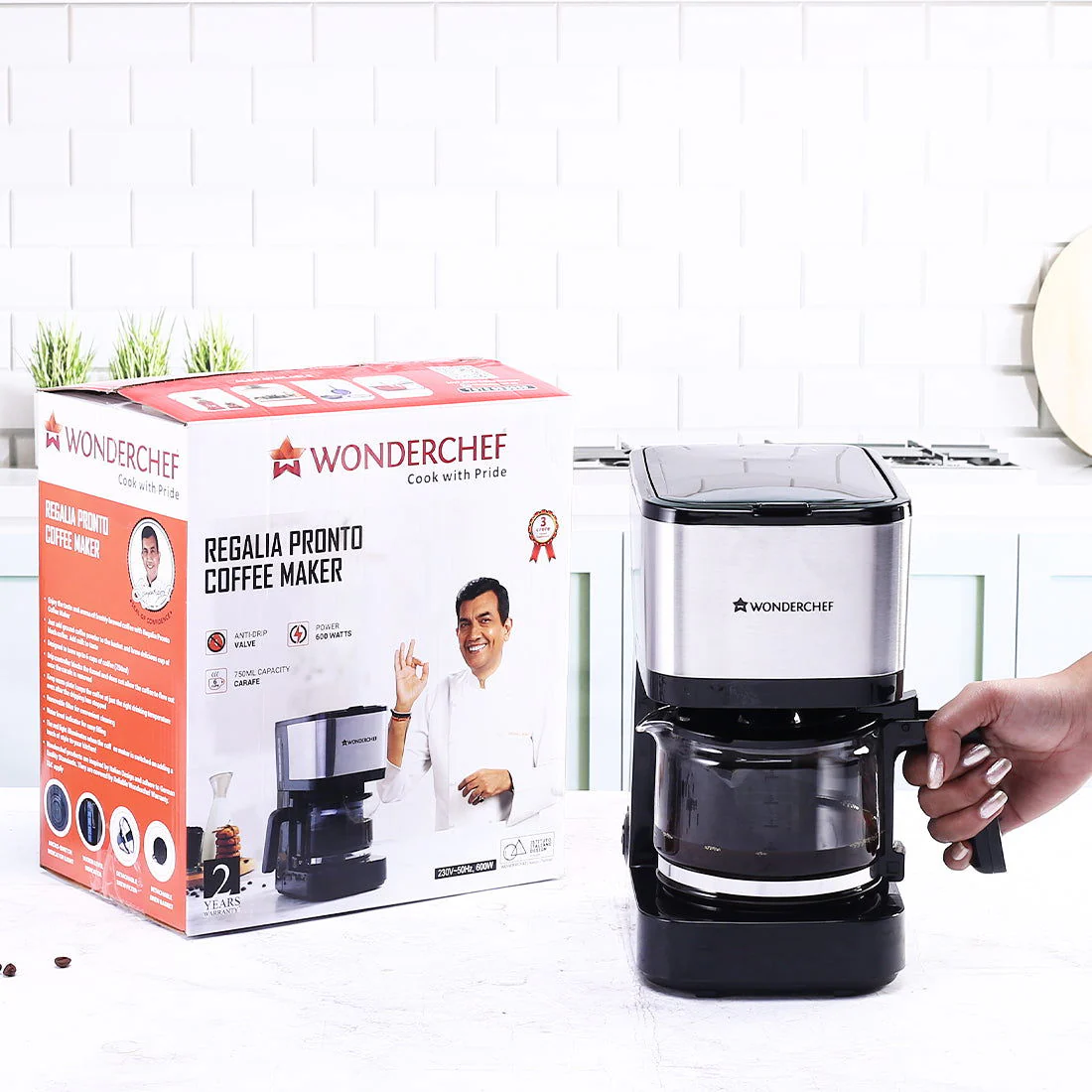 Regalia Pronto Coffee Maker 600W | Coffee Brewer Machine for Home & Office | 750ml Borosilicate Glass Carafe | 3-in-1 Filter Coffee, Espresso, Cappuccino | Auto Shut Off | 6 Cups Coffee | Perfect Gifting Option | Black & Silver| 2 Year Warranty - Image 6