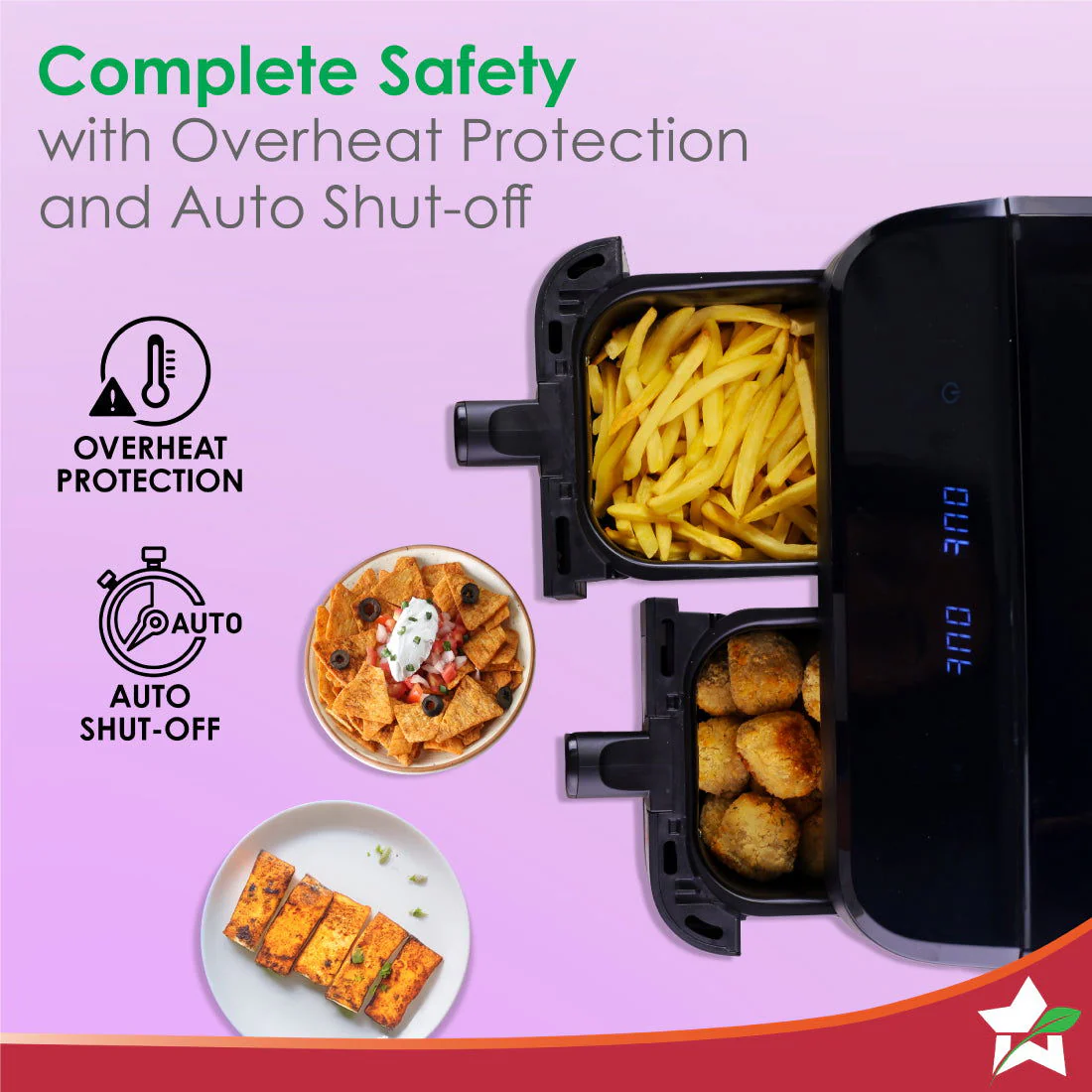 Regenta Digital Air Fryer with Dual Basket | 2000W, 9L | 2 Baskets for Different Types of Cooking | Healthy Food with Minimum Oil | Auto Resume & Shut-off | Touch Screen | 2 Year Warranty - Image 7