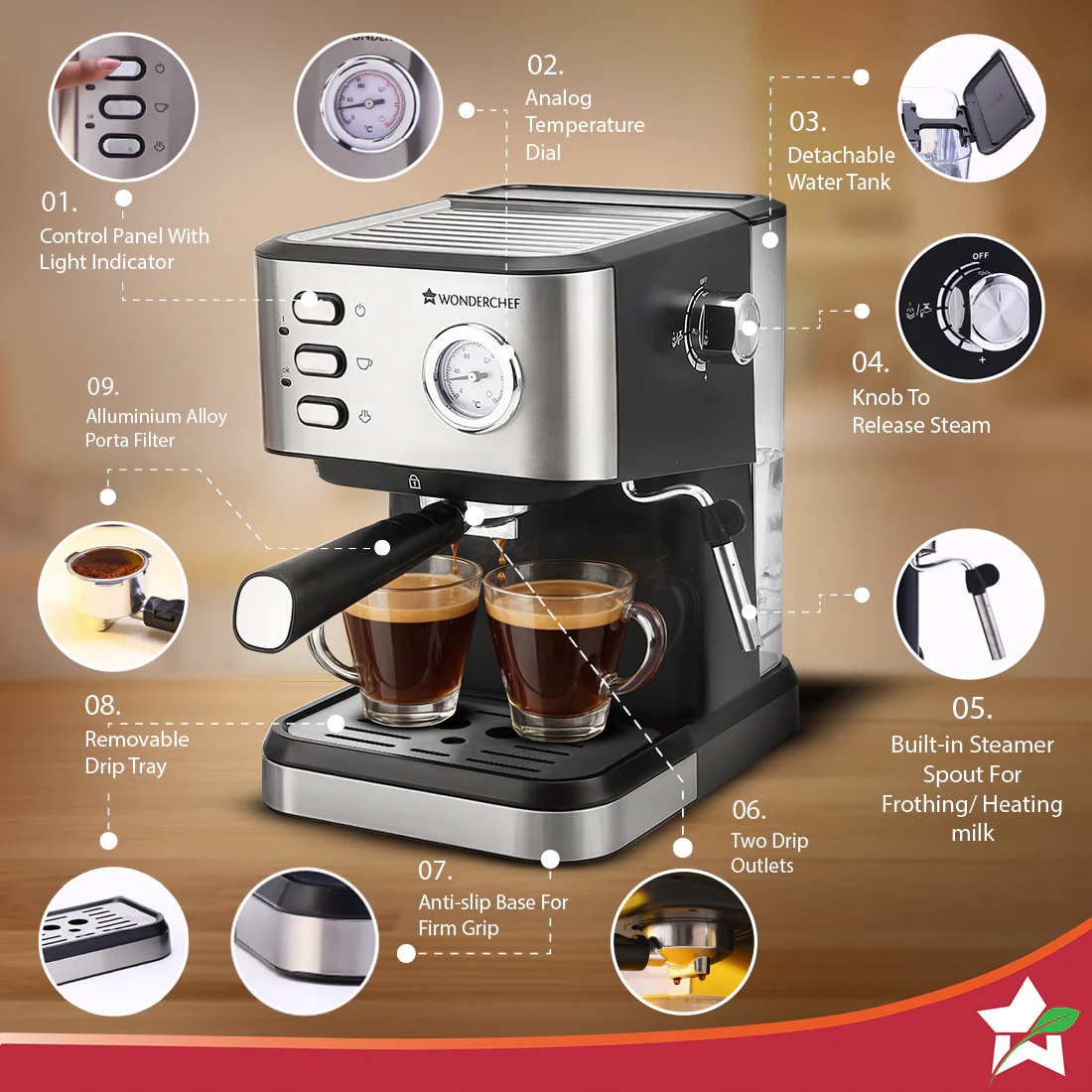 Regenta Espresso Coffee Machine, 19-bar, Make Espressos, Cappuccinos & Lattes at Home, With Steamer, Metal Porta Filter, Temperature Dial, 2 Year Warranty - Image 7