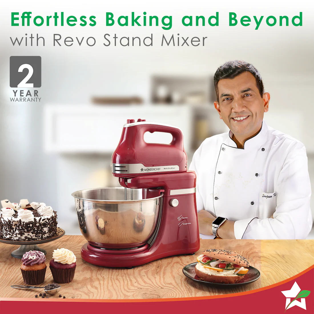 Crimson Revo Stand Mixer and Beater with 5 Speed Settings | Rotating Head Technology | 4.5L SS Bowl | 300 Watt Powerful Copper Motor | Mixing Beater, Dough Hook Attachments & Spatula | Ideal for Home Cooks & Professional Bakers | 2 Year Warranty | Red - Image 2