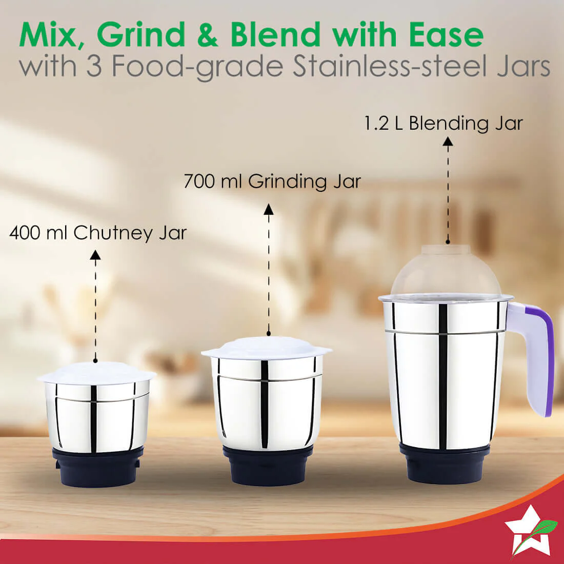 Roma Mixer Grinder | 500W Motor | 3 Jars for Blending, Wet & Dry Grinding | Stainless Steel Jars & Blades | Make Chutneys, Masalas, Batters and Much More | 2-Year Warranty | White & Blue - Image 4