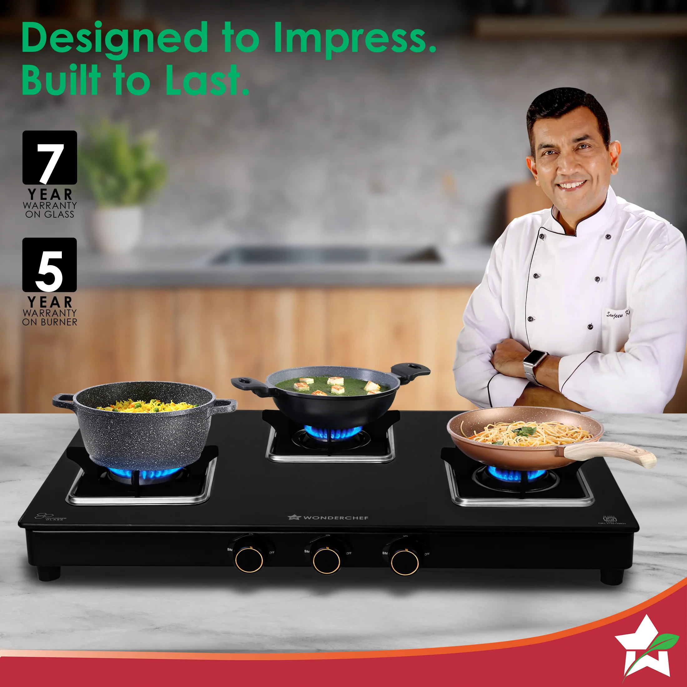 Royal 3 Brass Burner Gas Stove, LPG Gas Stove for Kitchen, ISI-approved 8mm Toughened Glass Surface, 3D Brass Burners, Pan-support with Flame Guard, Spill-proof Design, 2-Yr Warranty - Image 2