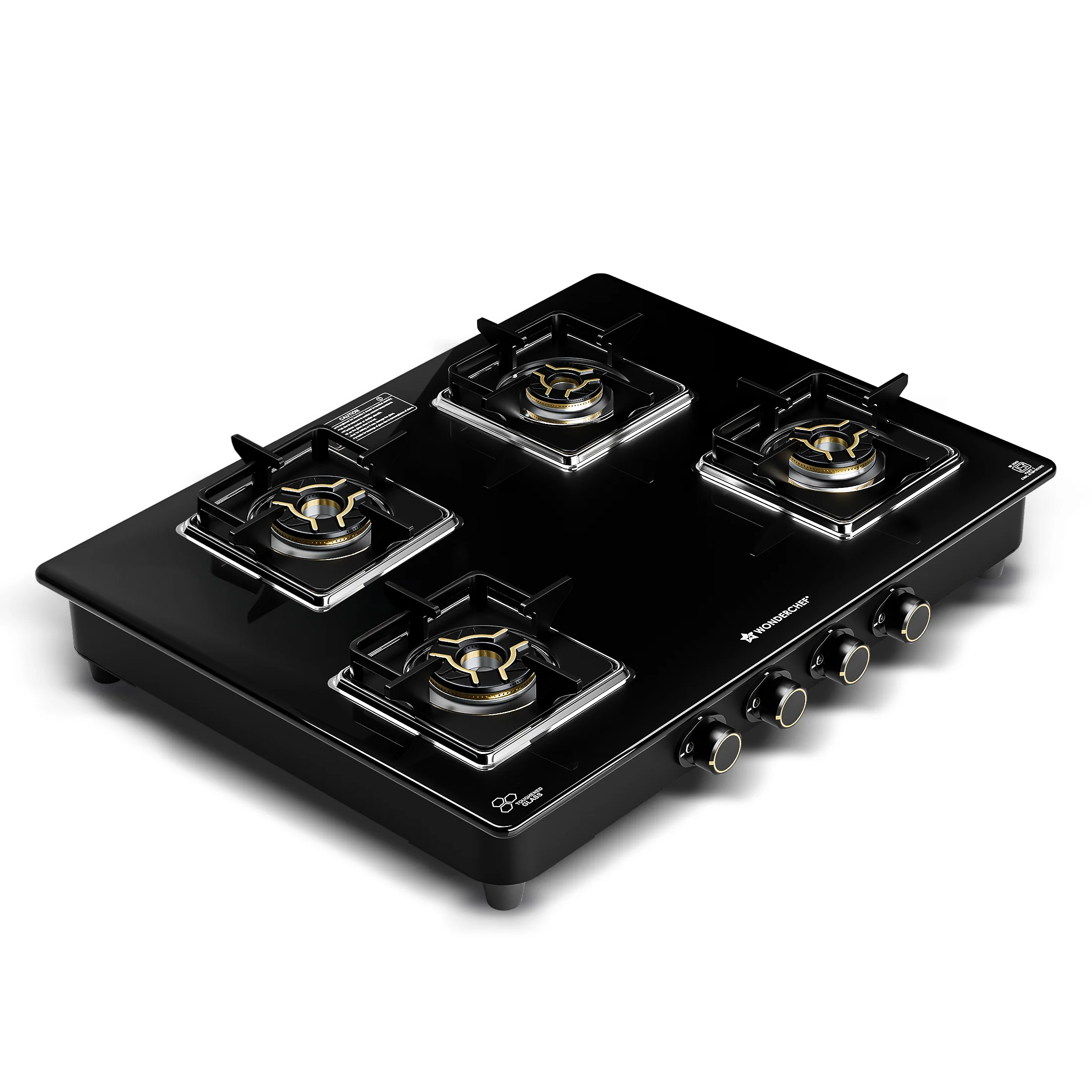 Royal 4 Brass Burner Gas Stove, LPG Gas Stove for Kitchen, ISI-approved 8mm Toughened Glass Surface, 3D Brass Burners, Pan-support with Flame Guard, Spill-proof Design, 2-Yr Warranty