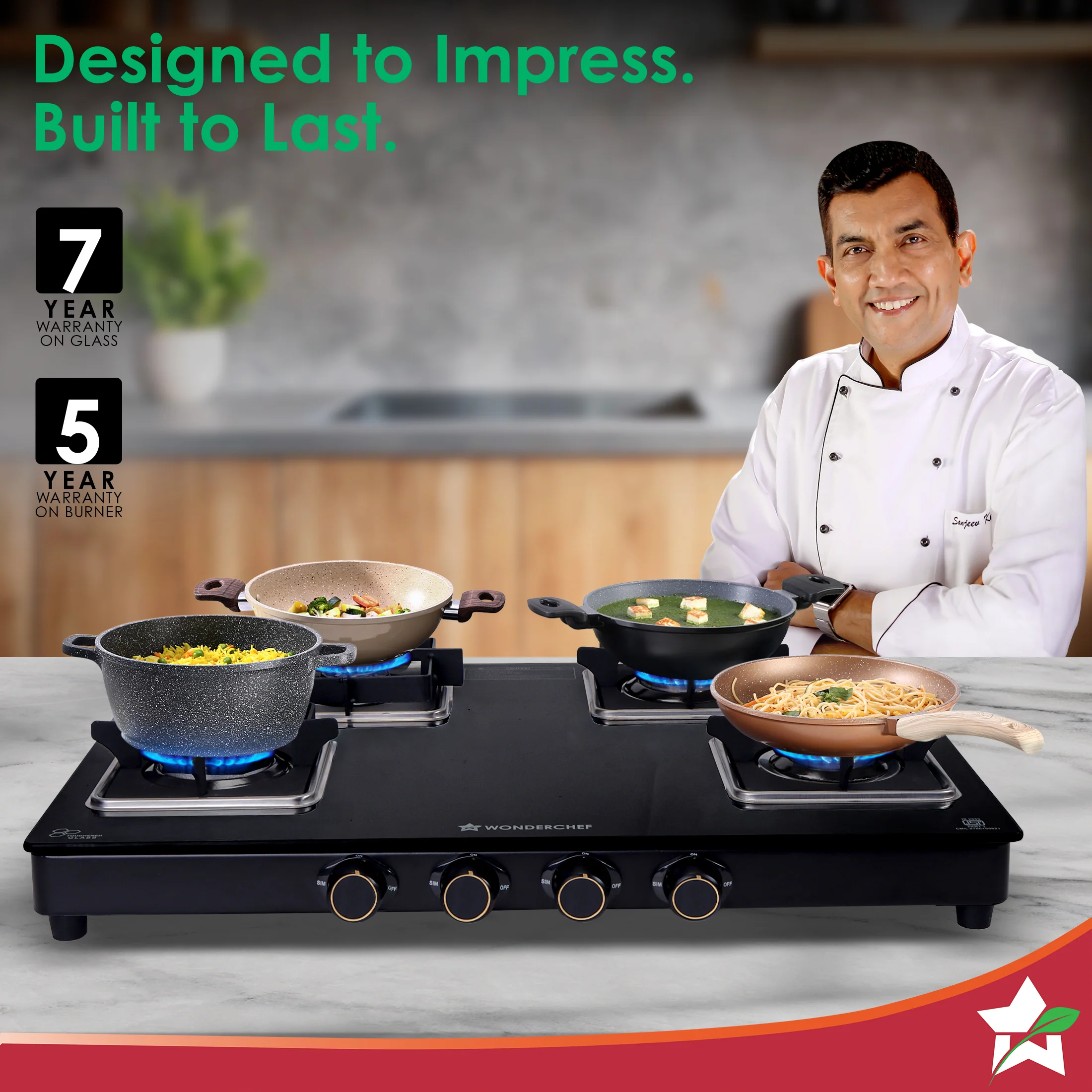 Royal 4 Brass Burner Gas Stove, LPG Gas Stove for Kitchen, ISI-approved 8mm Toughened Glass Surface, 3D Brass Burners, Pan-support with Flame Guard, Spill-proof Design, 2-Yr Warranty - Image 2