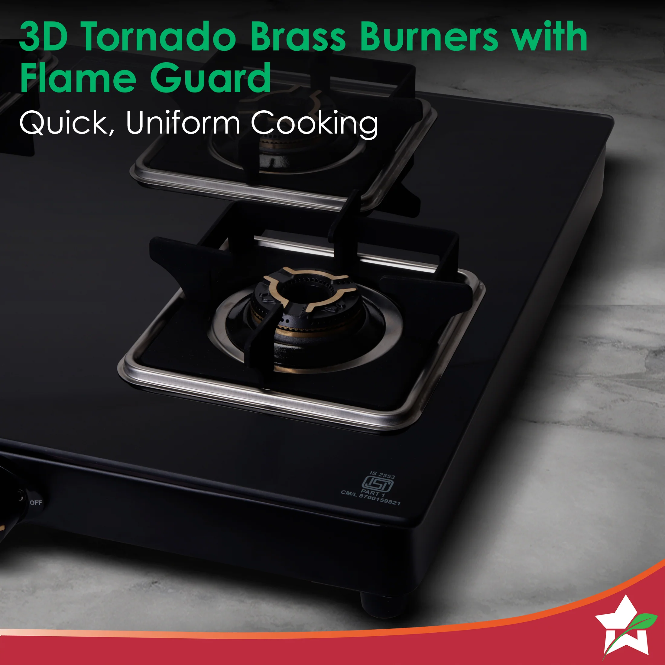Royal 4 Brass Burner Gas Stove, LPG Gas Stove for Kitchen, ISI-approved 8mm Toughened Glass Surface, 3D Brass Burners, Pan-support with Flame Guard, Spill-proof Design, 2-Yr Warranty - Image 4