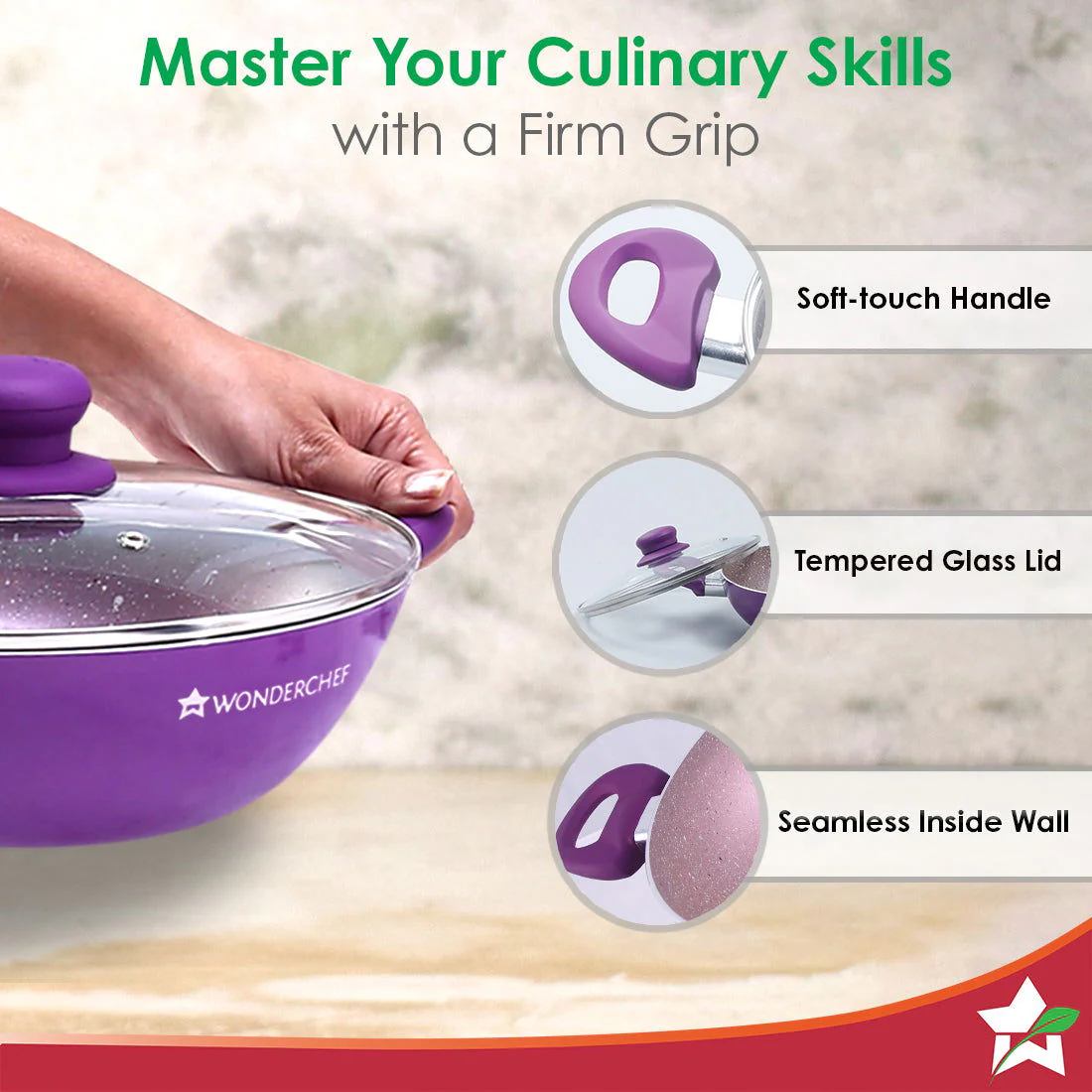 Royal Velvet Non-stick 26cm Kadhai with Lid and Handles | Glass Lid | Induction Ready | Soft-touch handles |Non – Toxic I Virgin Aluminium| 3 mm thick | 2 year warranty | Purple - Image 6