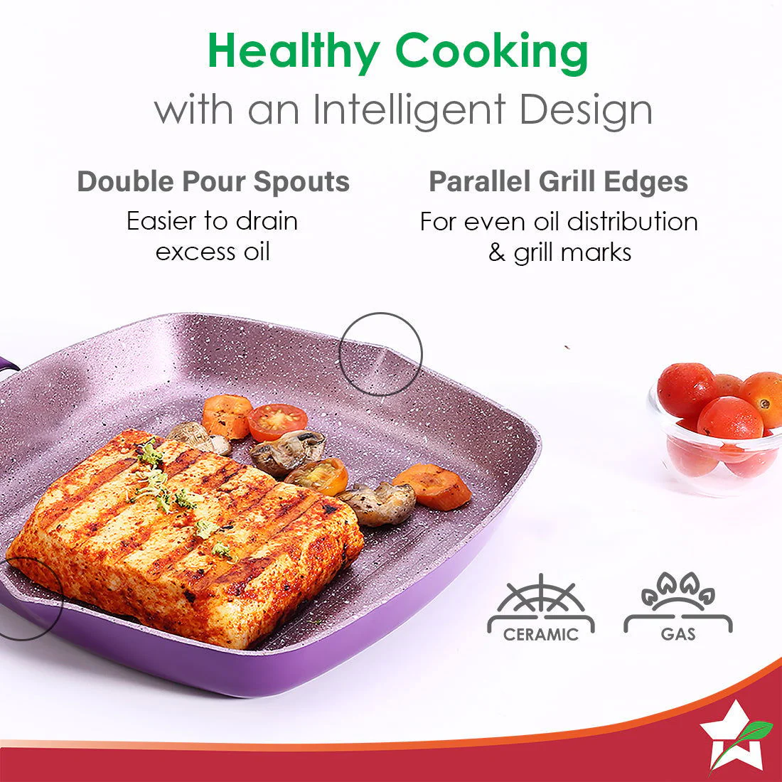 Royal Velvet 24cm Grill Pan | Soft-touch handles |Non – Toxic I Virgin Aluminium| 3 mm thick | 2 year warranty | Purple - Image 4