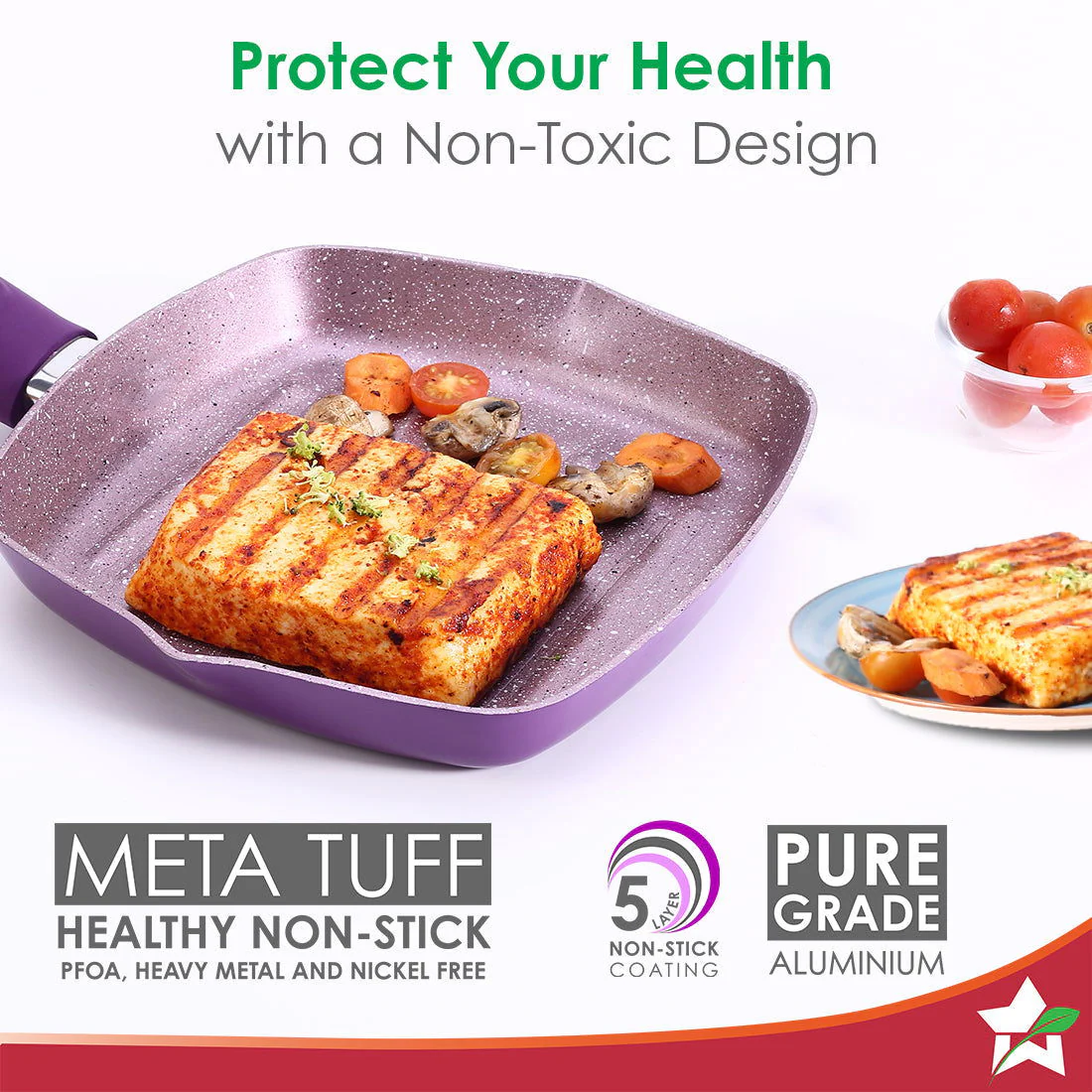 Royal Velvet 20cm Grill Pan | Soft-touch handles |Non – Toxic I Virgin Aluminium| 3 mm thick | 2 year warranty | Purple - Image 3