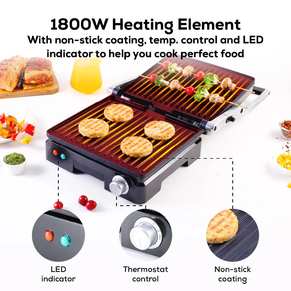 Sanjeev Kapoor Tandoor Family Size Plus| Electric Contact Grill & Sandwich Maker| 1800 Watt| Non-stick Grooves Healthy cooking | Super fast heating | 2 Year Warranty| Black & Silver - Image 4