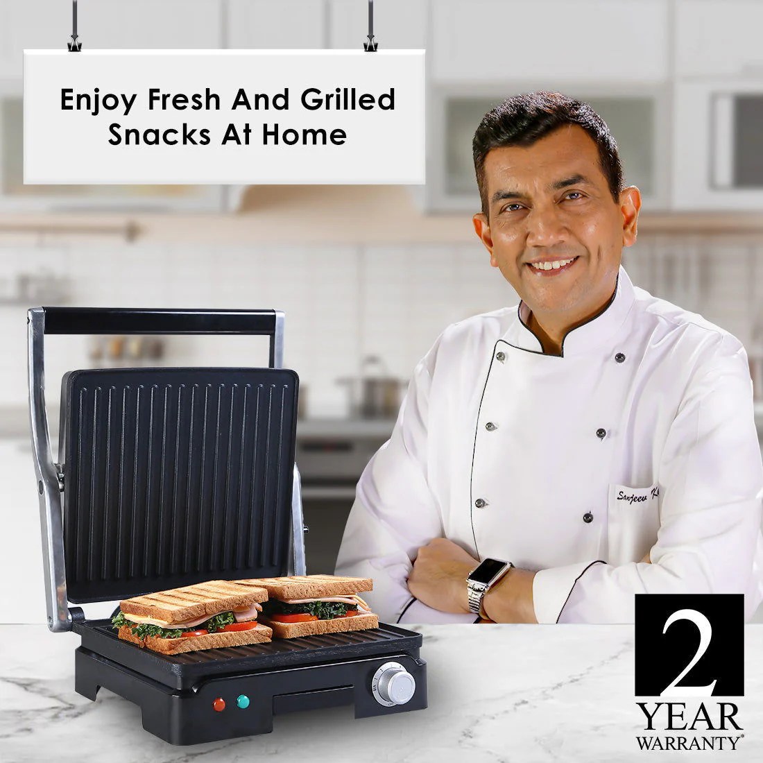 Sanjeev Kapoor Tandoor Family Size Plus| Electric Contact Grill & Sandwich Maker| 1800 Watt| Non-stick Grooves Healthy cooking | Super fast heating | 2 Year Warranty| Black & Silver - Image 7