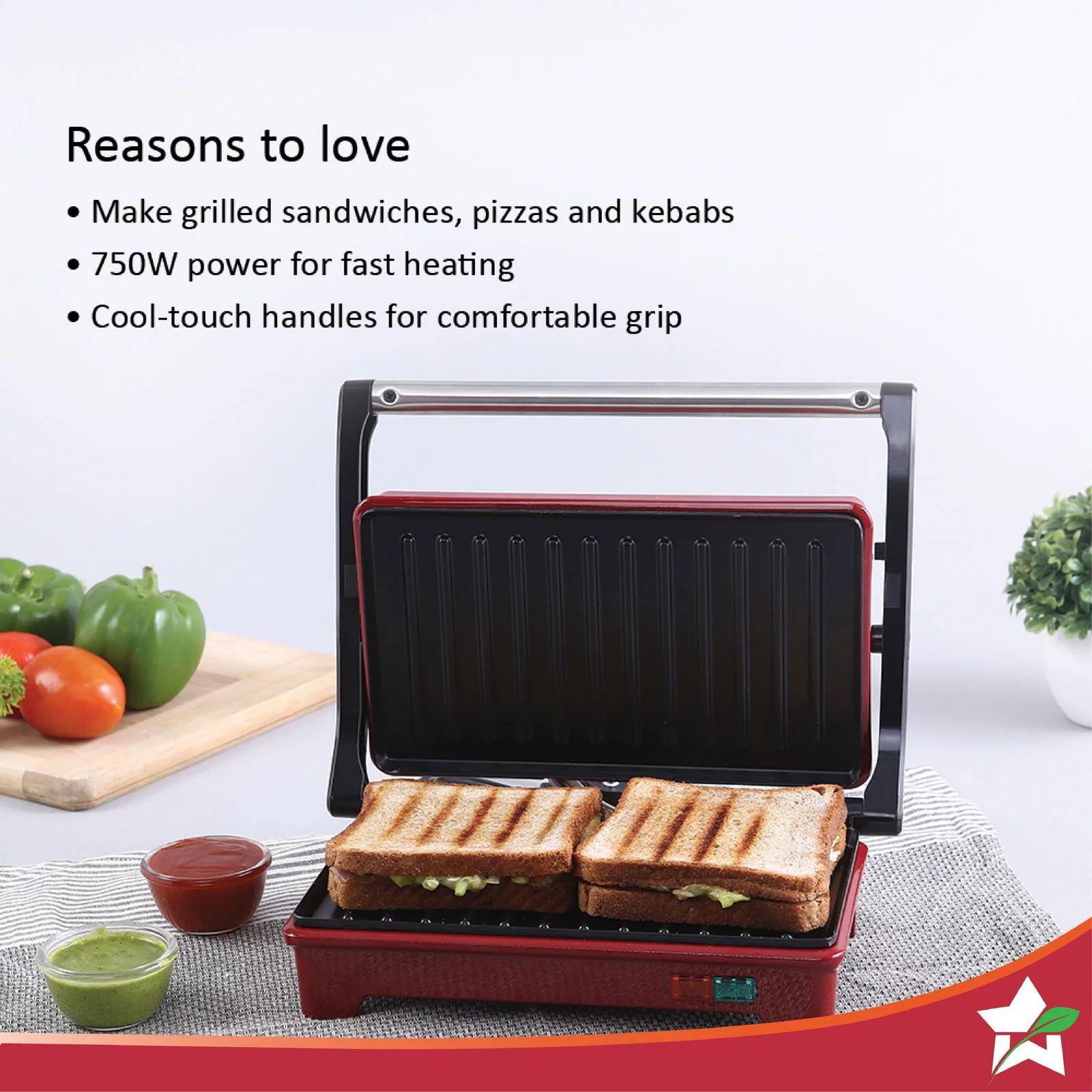 Sanjeev Kapoor Tandoor Mini Plus | Crimson Edge Electric Contact Grill & Sandwich Maker| 3-in-1 Toaster, Griller & Sandwich Maker| Cool Touch Handle|Auto Shut Off | 1 Year Warranty| Red - Image 7