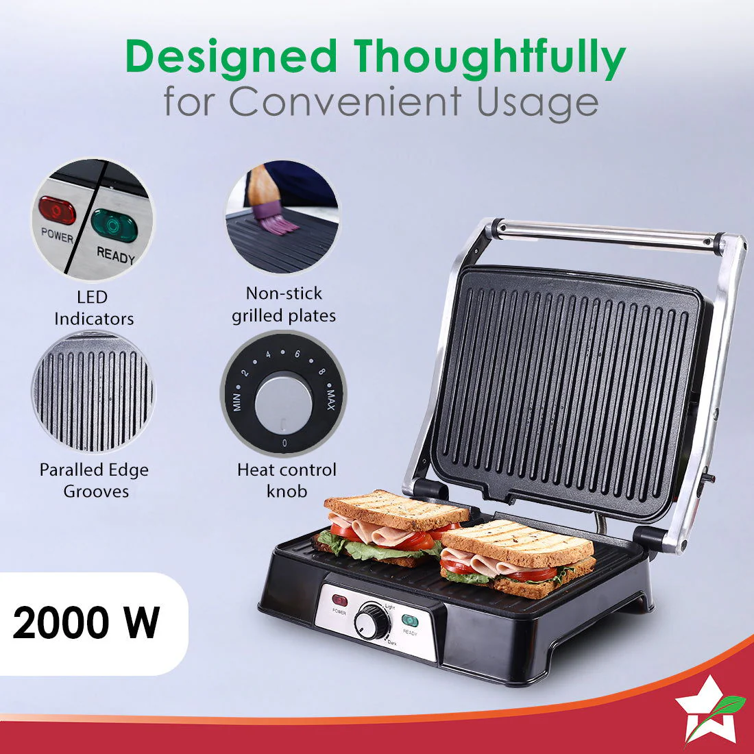 Wonderchef Renewed Sanjeev Kapoor Tandoor Professional | Electric Contact Grill & Sandwich Maker|3-in-1 Appliance | 2000 Watt | 180 Degree Grilling | Cool Touch Handle | LED Indicator | Black & Silver - Image 6