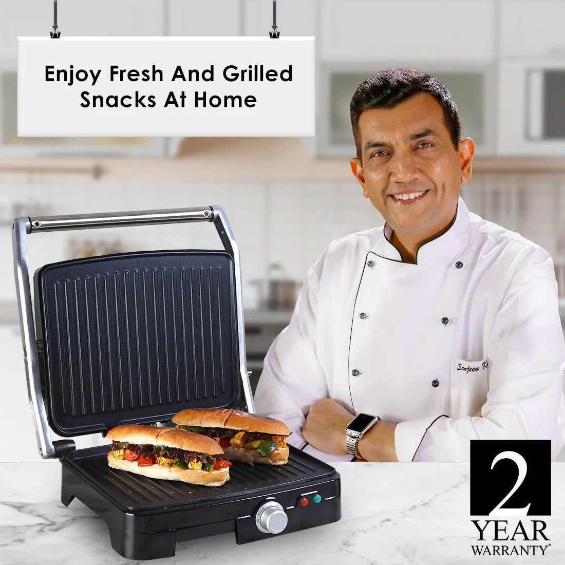 Sanjeev Kapoor Tandoor Professional Plus | Electric Contact Grill & Sandwich Maker| Thermostat Control | Auto Shut Off| LED Indicator| 2 Year Warranty | Black & Silver - Image 2