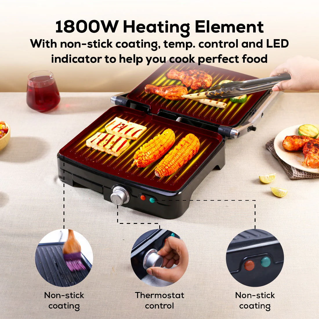 Sanjeev Kapoor Tandoor Professional Plus | Electric Contact Grill & Sandwich Maker| Thermostat Control | Auto Shut Off| LED Indicator| 2 Year Warranty | Black & Silver - Image 5