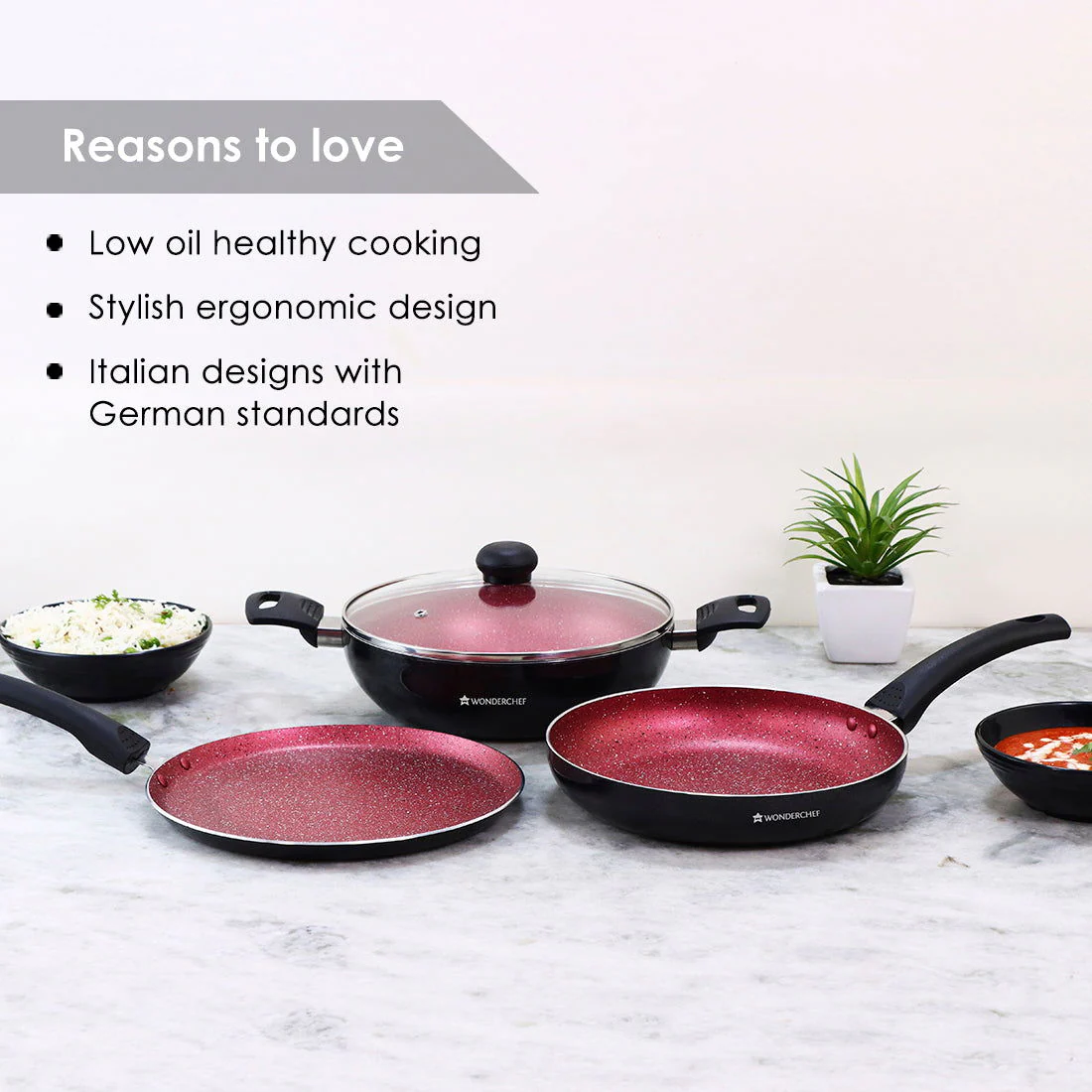 Sigma Non-stick Cookware Set, 4Pc (Kadhai with Lid, Dosa Tawa, Fry Pan), Induction Bottom, Cool Touch Bakelite Handles, Virgin Aluminium, PFOA Free, 2 Years Warranty, Red and Black - Image 11