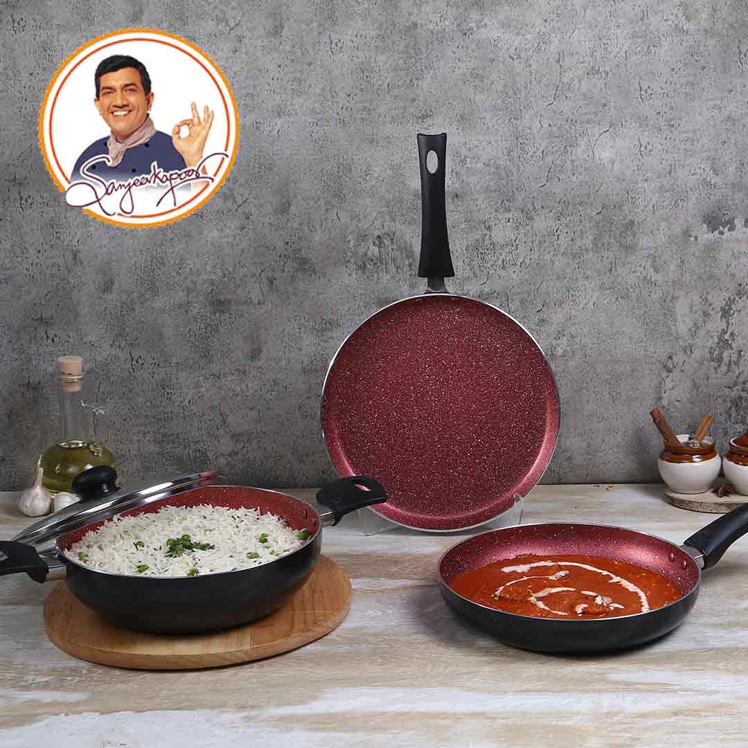 Sigma Non-stick Cookware Set, 4Pc (Kadhai with Lid, Dosa Tawa, Fry Pan), Induction Bottom, Cool Touch Bakelite Handles, Virgin Aluminium, PFOA Free, 2 Years Warranty, Red and Black - Image 6