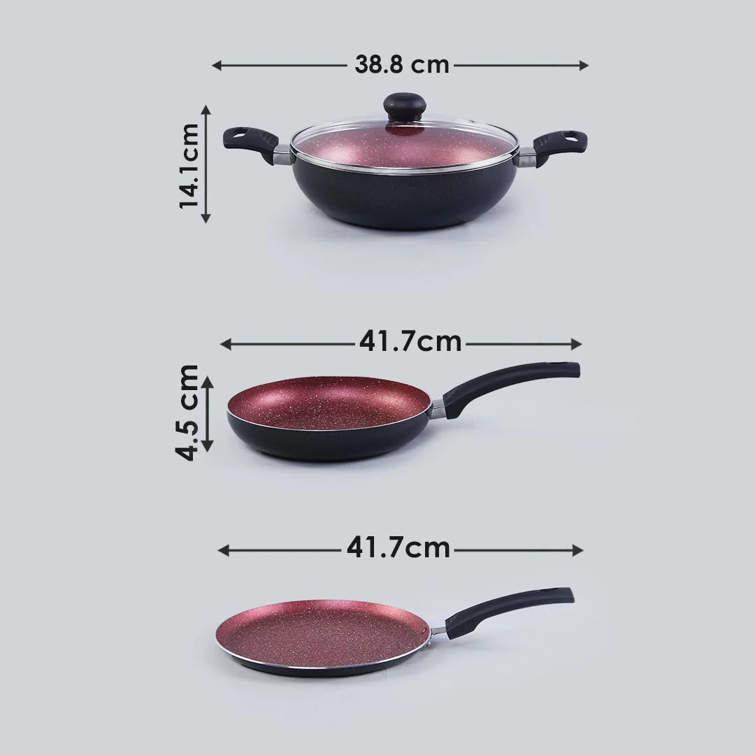 Sigma Non-stick Cookware Set, 4Pc (Kadhai with Lid, Dosa Tawa, Fry Pan), Induction Bottom, Cool Touch Bakelite Handles, Virgin Aluminium, PFOA Free, 2 Years Warranty, Red and Black - Image 8