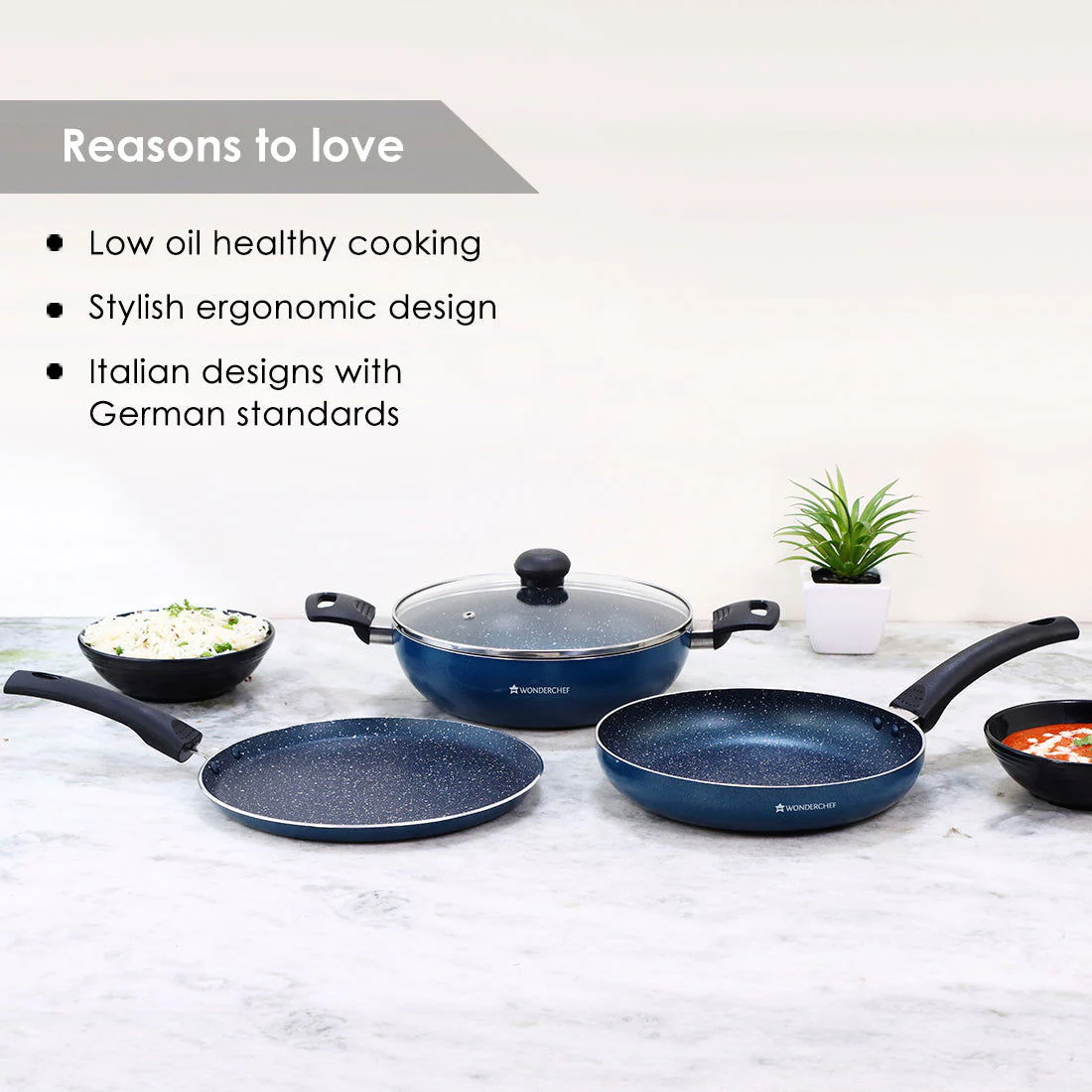 Sigma Non-stick Cookware Set, 4Pc (Kadhai with Lid, Dosa Tawa, Fry Pan), Induction Bottom, Cool Touch Bakelite Handles, Virgin Aluminium, PFOA Free, 2 Years Warranty, Midnight Blue - Image 11