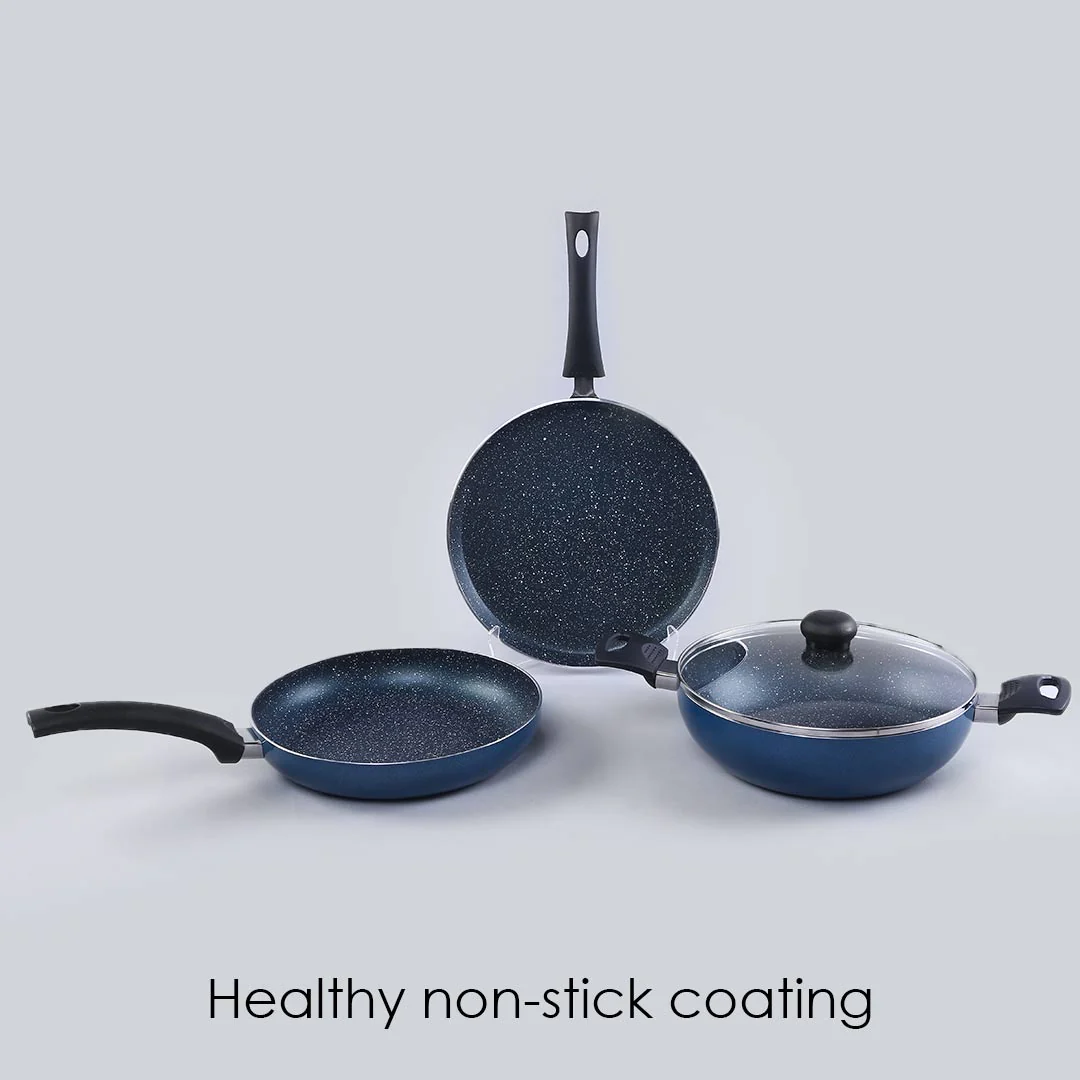 Sigma Non-stick Cookware Set, 4Pc (Kadhai with Lid, Dosa Tawa, Fry Pan), Induction Bottom, Cool Touch Bakelite Handles, Virgin Aluminium, PFOA Free, 2 Years Warranty, Midnight Blue - Image 2