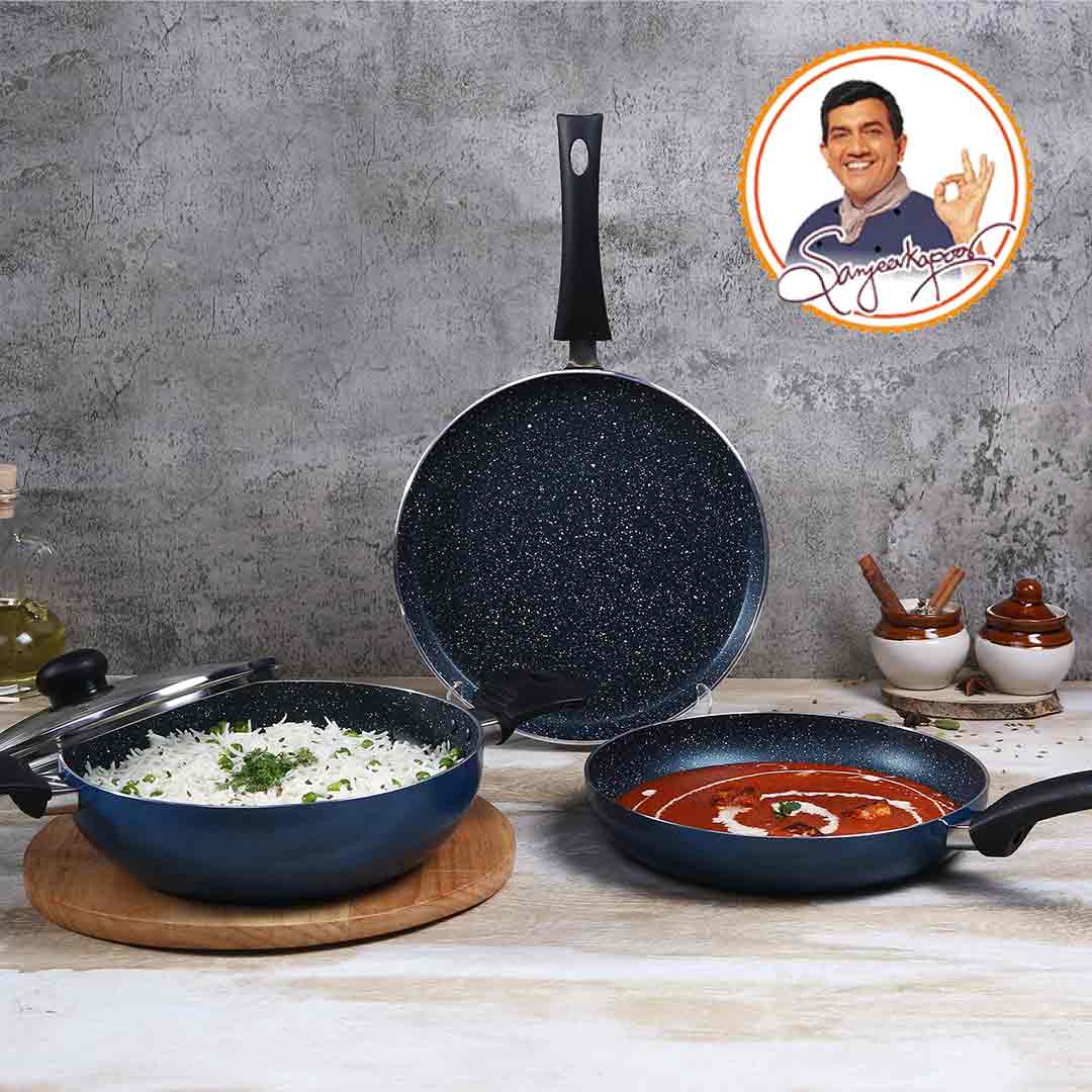 Sigma Non-stick Cookware Set, 4Pc (Kadhai with Lid, Dosa Tawa, Fry Pan), Induction Bottom, Cool Touch Bakelite Handles, Virgin Aluminium, PFOA Free, 2 Years Warranty, Midnight Blue - Image 6