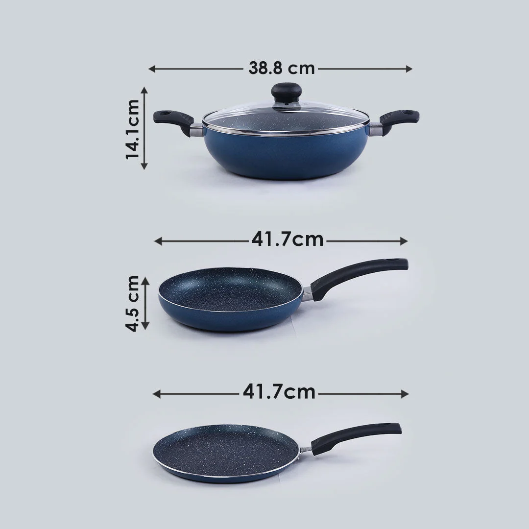 Sigma Non-stick Cookware Set, 4Pc (Kadhai with Lid, Dosa Tawa, Fry Pan), Induction Bottom, Cool Touch Bakelite Handles, Virgin Aluminium, PFOA Free, 2 Years Warranty, Midnight Blue - Image 8