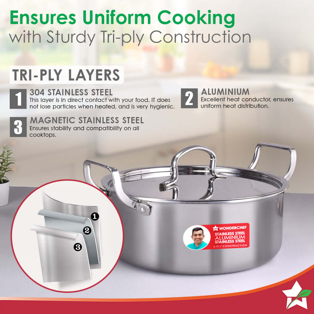 Stella Triply Stainless Steel Casserole with Lid | 24 cm, 4.5 Litres | Compatible with Gas Stove, Induction, Ceramic Cooktop | Non-toxic | Heavy-duty Handle | 10-year Warranty - Image 3