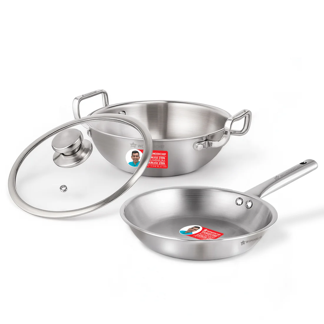 Stella Triply Stainless Steel Cookware Set | 3 Pcs. | Fry Pan 22 cm, Kadhai 22 cm + Lid | For Gas Stove, Induction, Ceramic Cooktop | Uniform Heating | Heavy-duty Handle | 10-year Warranty
