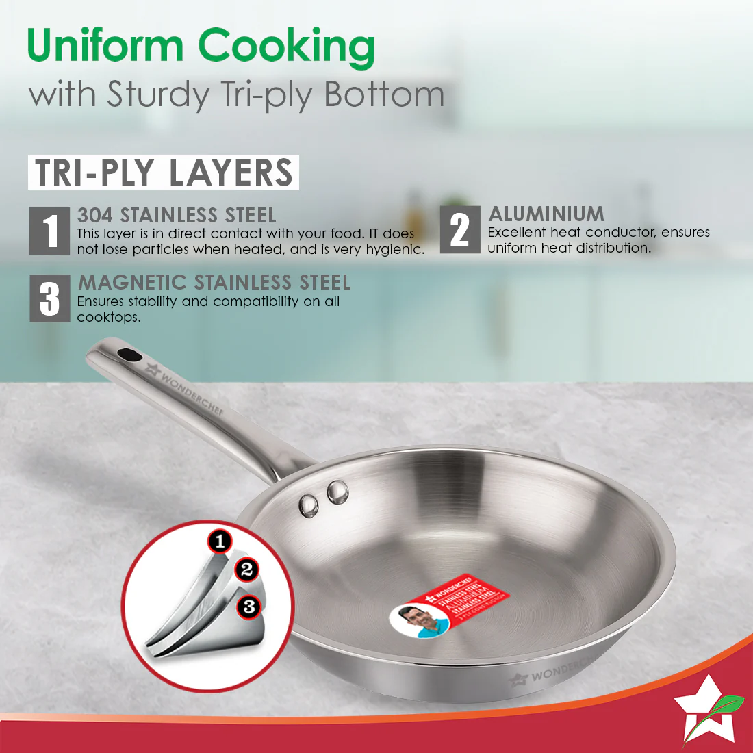 Stella Triply Stainless Steel Cookware Set | 3 Pcs. | Fry Pan 22 cm, Kadhai 22 cm + Lid | For Gas Stove, Induction, Ceramic Cooktop | Uniform Heating | Heavy-duty Handle | 10-year Warranty - Image 3