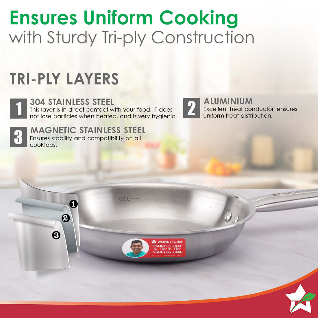 Stella Triply Stainless Steel Fry Pan | 20 cm, 1 Litres | Compatible with Gas Stove, Induction, Ceramic Cooktop | Non-toxic | Uniform Heating | Heavy-duty Handle | 10-year Warranty - Image 3