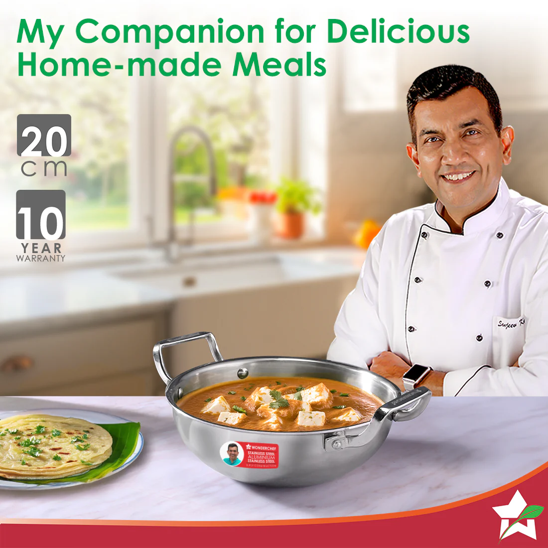 Stella Triply Stainless Steel Kadhai with Lid | 20 cm, 1.6 Litres | Compatible with Gas Stove, Induction, Ceramic Cooktop | Non-toxic | Heavy-duty Handle | 10-year Warranty - Image 2