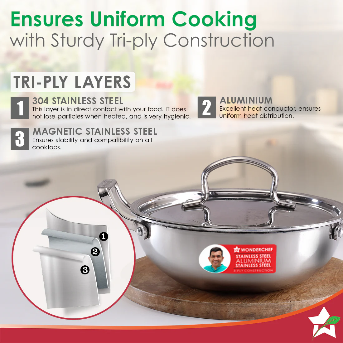 Stella Triply Stainless Steel Kadhai with Lid | 28 cm, 4.5 Litres | Compatible with Gas Stove, Induction, Ceramic Cooktop | Non-toxic | Heavy-duty Handle | 10-year Warranty - Image 2