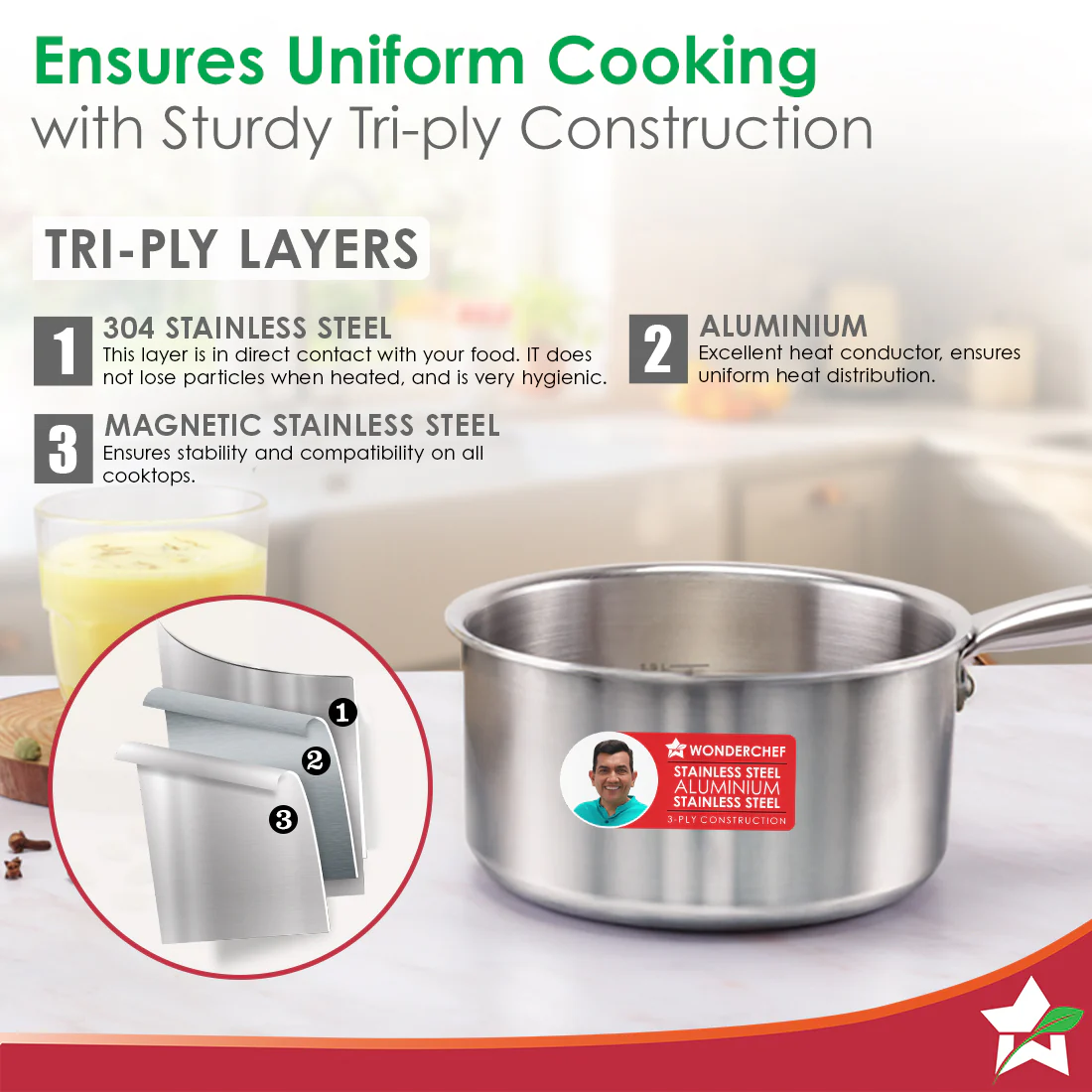 Stella Triply Stainless Steel Milk Pan | 16 cm, 1.7 Litres | Compatible with Gas Stove, Induction, Ceramic Cooktop | Non-toxic | Uniform Heating | Heavy-duty Handle | 10-year Warranty - Image 5