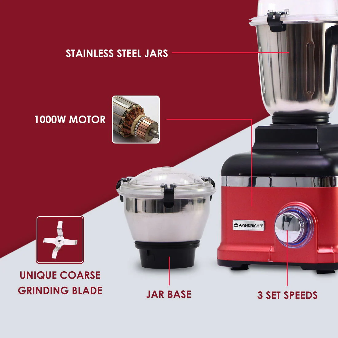 Sumo Mixer Grinder 1000W With 3 Stainless Steel & 1 Fruit Filter Jar 5 Years Warranty On Motor, Rust And Black, Long life motor - Image 11