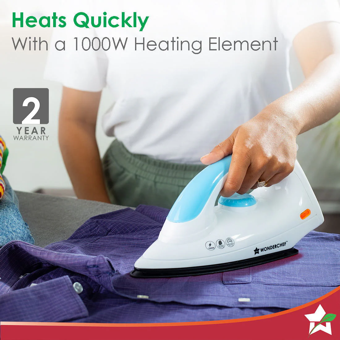 Swift Dry Iron | 1000W | Non-Stick Coated Sole Plate | Button Groove | Precision Tip | Temperature Control Dial | Quick Heating | Light and Compact Design | 2 Years Warranty - Image 2
