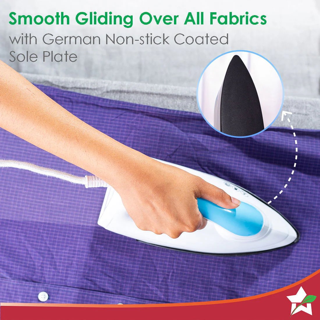 Swift Dry Iron | 1000W | Non-Stick Coated Sole Plate | Button Groove | Precision Tip | Temperature Control Dial | Quick Heating | Light and Compact Design | 2 Years Warranty - Image 6