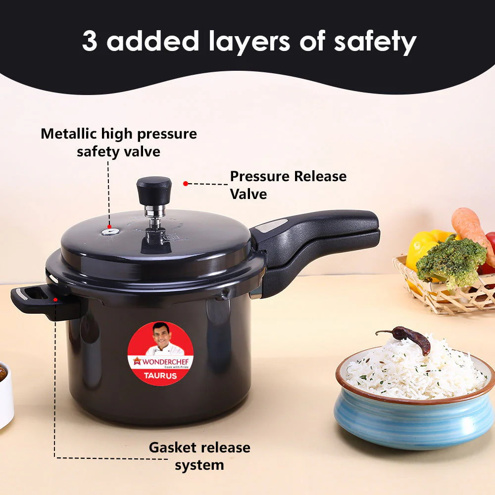 Taurus Hard Anodized 5L Outer Lid Pressure Cooker, SS Lid, Soft Touch Handles for Durability, Induction Friendly, Black, 5 year warranty, ISI Certified - Image 5