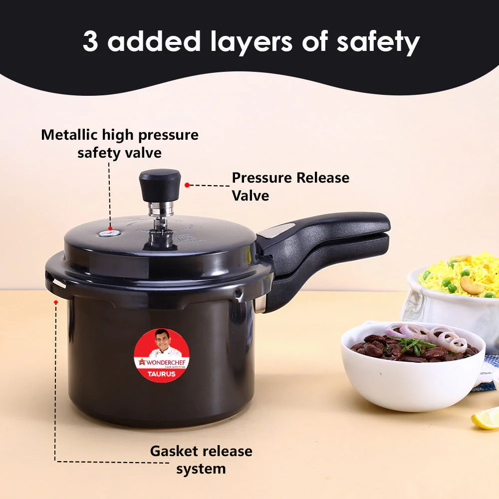Taurus Hard Anodized 3L Outer Lid Pressure Cooker, SS Lid, Soft Touch Handles for Durability, Induction Friendly, Black, 5 year warranty, ISI Certified - Image 4