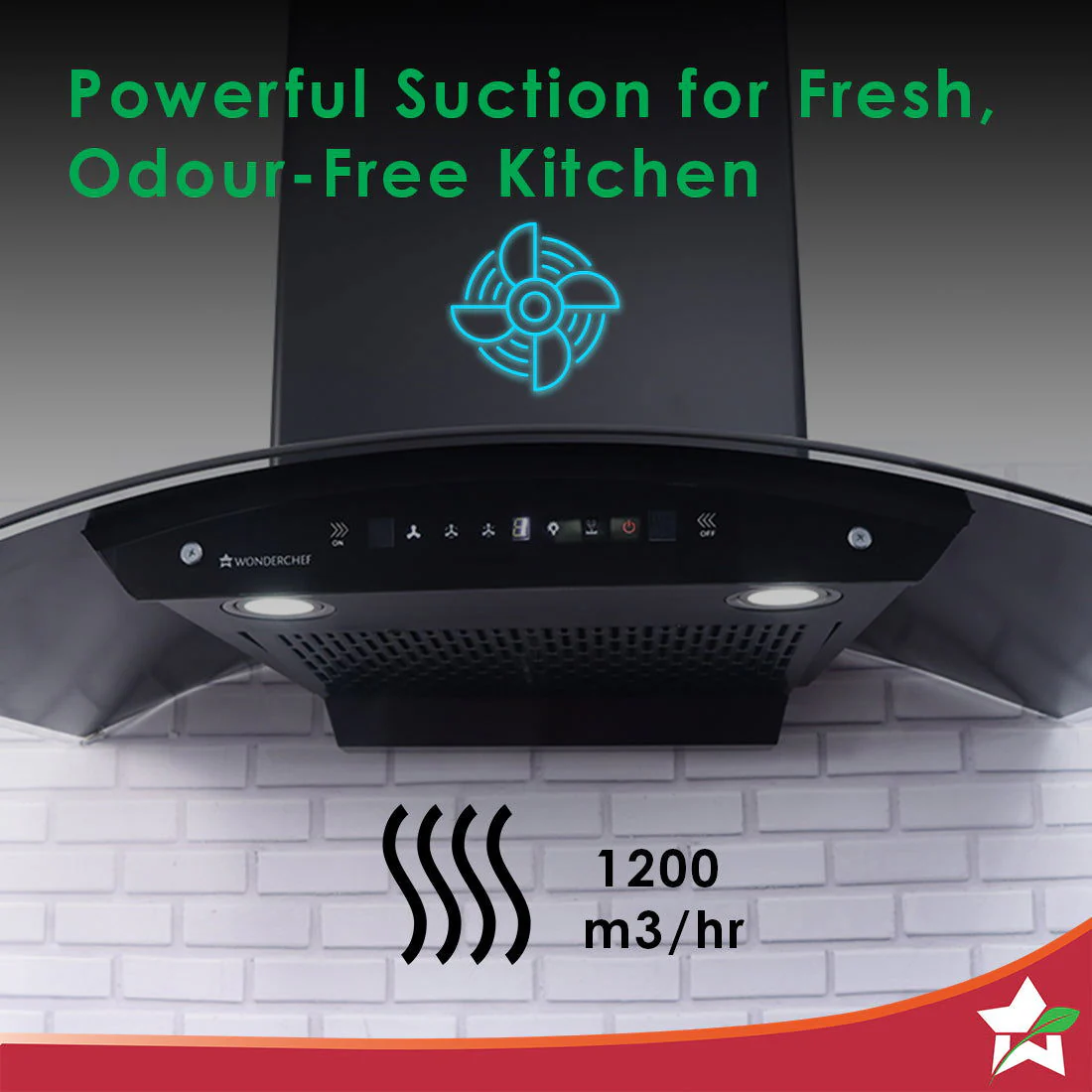 Ultima C-Line| 90cm |1200 m3/hr| Auto Clean| Curved Glass Chimney | Baffle Filter | Powerful Suction | Touch Control|3 Speed Motion Sensor Technology| Low Noise| 7 Year Warranty | Black - Image 3