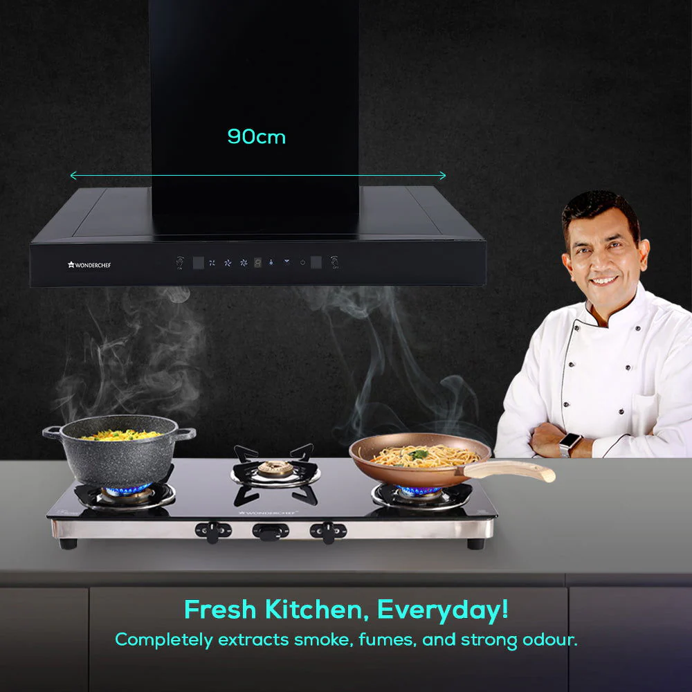 Ultima D-Lite| 90cm |1400 m3/hr| Auto Clean Curved Glass Chimney | Baffle Filter | Powerful Suction | Touch Control| 3 Speed Motion Sensor Control | Low Noise | 7 Year Warranty | Black - Image 2