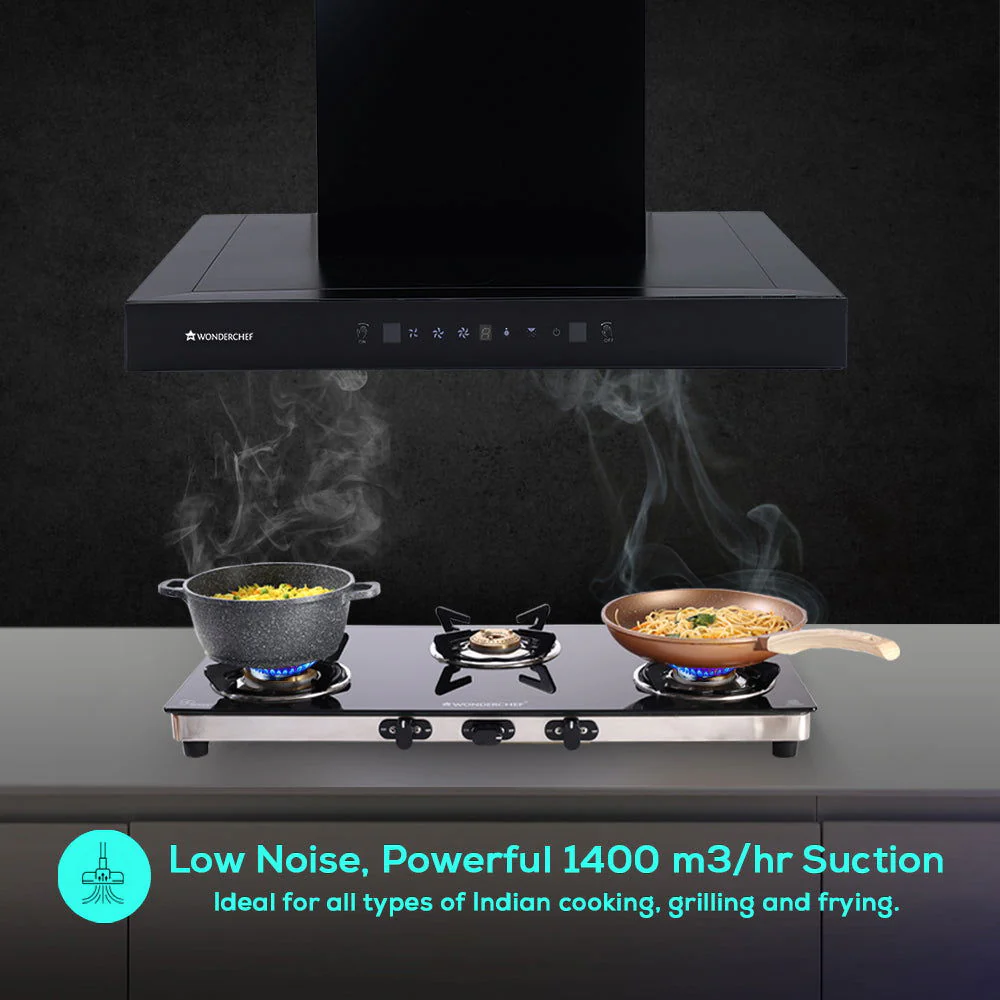 Ultima D-Lite| 90cm |1400 m3/hr| Auto Clean Curved Glass Chimney | Baffle Filter | Powerful Suction | Touch Control| 3 Speed Motion Sensor Control | Low Noise | 7 Year Warranty | Black - Image 3