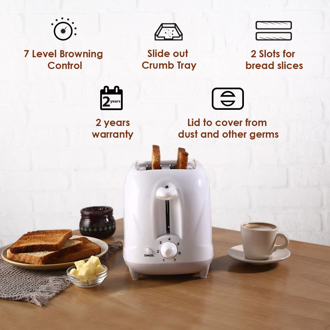 Ultima Pop-up Toaster with Lid Cover|700 Watt| 2 Bread Slice Automatic Pop-up Electric Toaster for Kitchen| 7- Level Browning Controls|Wide Bread Slots| Auto Shut Off|Mid Cycle Cancel Feature| Removable Crumb Tray| Easy to Clean| White| 2 Year Warranty - Image 3