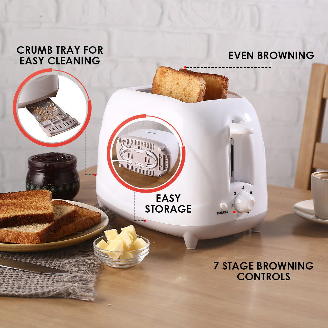 Ultima Pop-up Toaster with Lid Cover|700 Watt| 2 Bread Slice Automatic Pop-up Electric Toaster for Kitchen| 7- Level Browning Controls|Wide Bread Slots| Auto Shut Off|Mid Cycle Cancel Feature| Removable Crumb Tray| Easy to Clean| White| 2 Year Warranty - Image 5